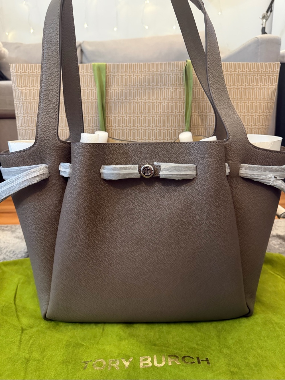Tory Burch Taupe Gray Pebbled Leather Tote